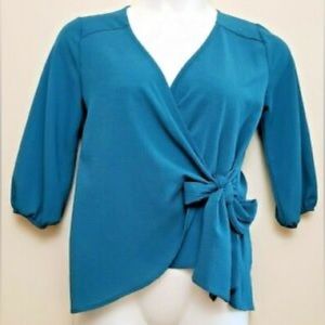 West Kei XS Stitch Fix Faux Wrap Pullvr Blouse Shirt Teal Blue New w/Tag Chiffon